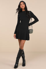Adorable Intentions Black Mock Neck A-Line Mini Sweater Dress