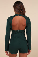 Undeniably Stylish Emerald Backless Long Sleeve Skort Romper