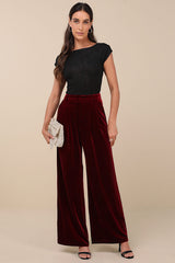 Chic Splendor Wine Red Velvet Pleated High-Rise Wide-Leg Pants