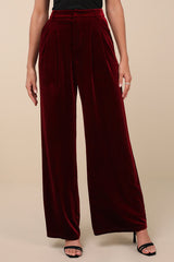 Chic Splendor Wine Red Velvet Pleated High-Rise Wide-Leg Pants