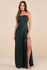 Extraordinary Presence Dark Green Satin Strapless Maxi Dress