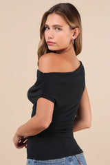 Expert Poise Black Ruched One-Shoulder Top