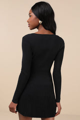 Chicest Crush Black Ribbed Long Sleeve Mini Sweater Dress