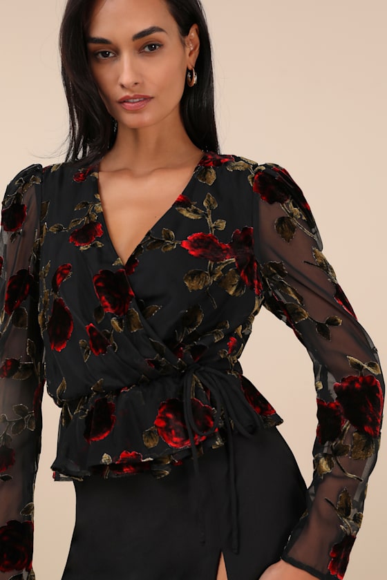 Memorably Poised Black Burnout Floral Surplice Top