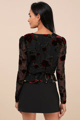 Memorably Poised Black Burnout Floral Surplice Top