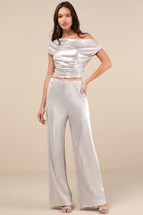 Spectacular Shimmer Champagne Lurex Plisse Wide-Leg Pants