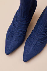 Klint Denim Ruched Pointed-Toe Ankle Boots