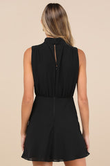 Classic Elegance Black Chiffon Sleeveless Mock Neck Mini Dress