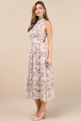 Happily Sweet Beige Floral Mock Neck Backless Midi Dress