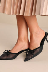 Cheralynn Black Mesh Bow Pointed-Toe Mule Pumps