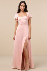 Ultimate Sweetness Light Pink Satin Flutter Sleeve Maxi Dress