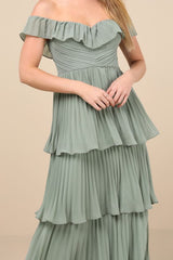 Always Remarkable Sage Brush Pleated Off-the-Shoulder Maxi Dress