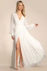 My Whole Heart White Long Sleeve Wrap Dress