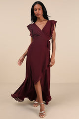 Ravishing Charm Burgundy Ruffled Wrap High-Low Maxi Dress