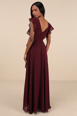 Ravishing Charm Burgundy Ruffled Wrap High-Low Maxi Dress
