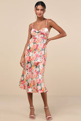 Sensational Spirit Peach Multi Floral Satin Tie-Back Midi Dress