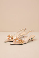 SB-Robin Gold Vinyl Floral Applique Slingback Kitten Heel Pumps