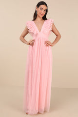 Simply Delighted Pink Mesh Ruffled Backless Maxi Dress