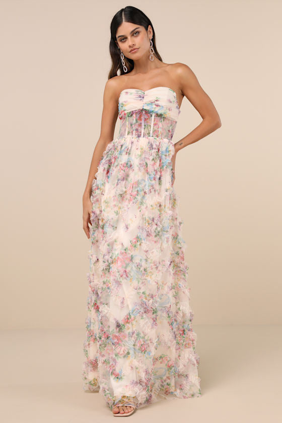 Stunning Element Cream Floral Mesh Ruffled Strapless Maxi Dress