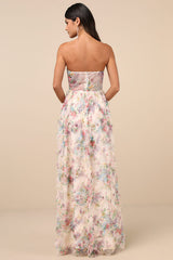 Stunning Element Cream Floral Mesh Ruffled Strapless Maxi Dress