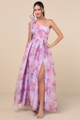 Dramatically Lovely Lavender Floral One-Shoulder Maxi Dress