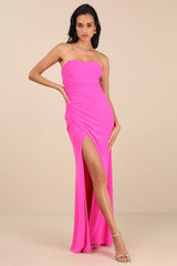 Epitome of Allure Hot Pink Mesh Strapless Ruched Maxi Dress