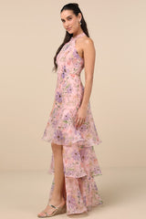 Forever Exceptional Light Pink Floral Halter Organza Maxi Dress