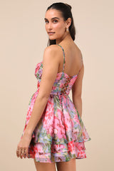 Evonne Pink Abstract Floral Tiered Mini Skater Dress