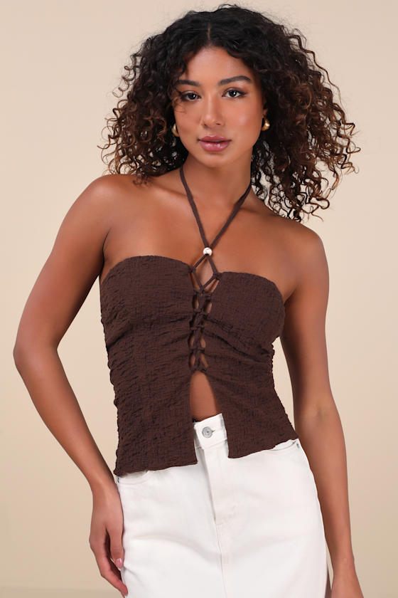 Kelani Brown Textured Knit Halter Crop Top