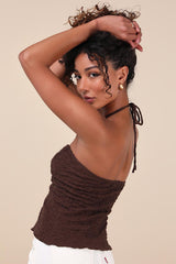 Kelani Brown Textured Knit Halter Crop Top