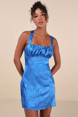 Exquisite Outlook Blue Floral Jacquard Satin Lace-Up Mini Dress