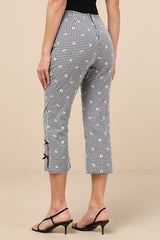 Zinni Black and White Gingham Embroidered Capri Pants