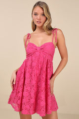 Angelic Admiration Hot Pink Tie-Shoulder Babydoll Mini Dress