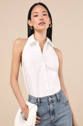 Aeres White Button-Front Collared Halter Bodysuit