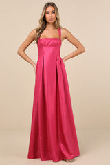 Immaculate Aura Shiny Magenta Taffeta Maxi Dress With Pockets