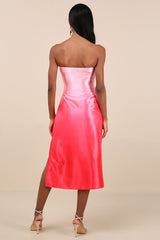 Indescribable Poise Pink Ombre Satin Strapless Midi Dress