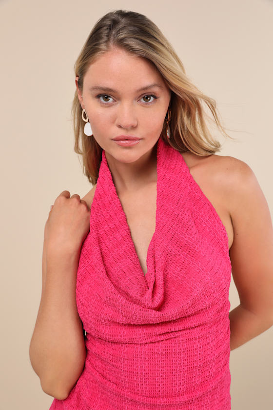 Cove Fuchsia Textured Cowl Halter Top