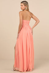 Luxe Favorite Peach Pink Strapless Ruched Maxi Dress
