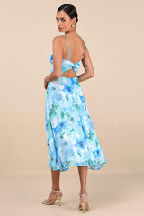 Radiant Feelings Blue and Green Floral Chiffon Midi Dress