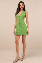 Mairi Green Linen Button-Front Sleeveless Mini Dress