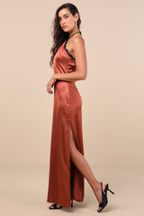 Mairwen Rust and Black Satin Lace Halter Maxi Dress