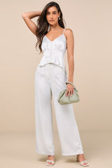 Kailany White Satin Pleated Peplum Cami Top