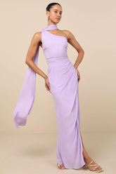 Adeline Lavender One-Shoulder Scarf Maxi Dress