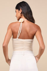 Elyas Cream Mesh Ruched Rosette Backless Bodysuit