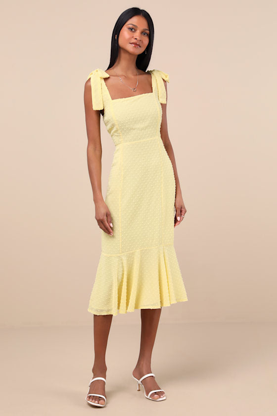 Bimini Light Yellow Swiss Dot Tie-Strap Midi Dress