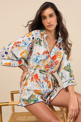 Azzurra Ivory Multi Print Three-Quarter Sleeve Romper