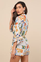 Azzurra Ivory Multi Print Three-Quarter Sleeve Romper