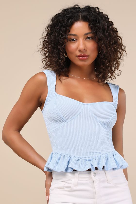 Cowen Light Blue Ribbed Knit Peplum Top