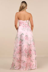 Truly Extraordinary Pink Floral Organza Strapless Maxi Dress