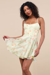Armelle Light Green Floral Lace-Up Mini Dress